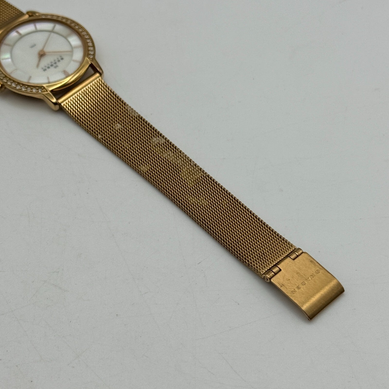 28mm Working Skagen Denmark 804SRR Steel Rose Gold Tone MOP Quartz Watch 8 Inch