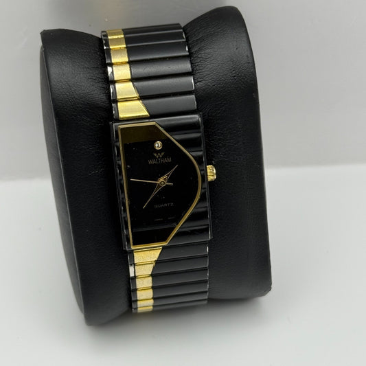 Waltham Half Moon Ladies Quartz Watch Black Gold Japan 20mm PARTS REPAIR