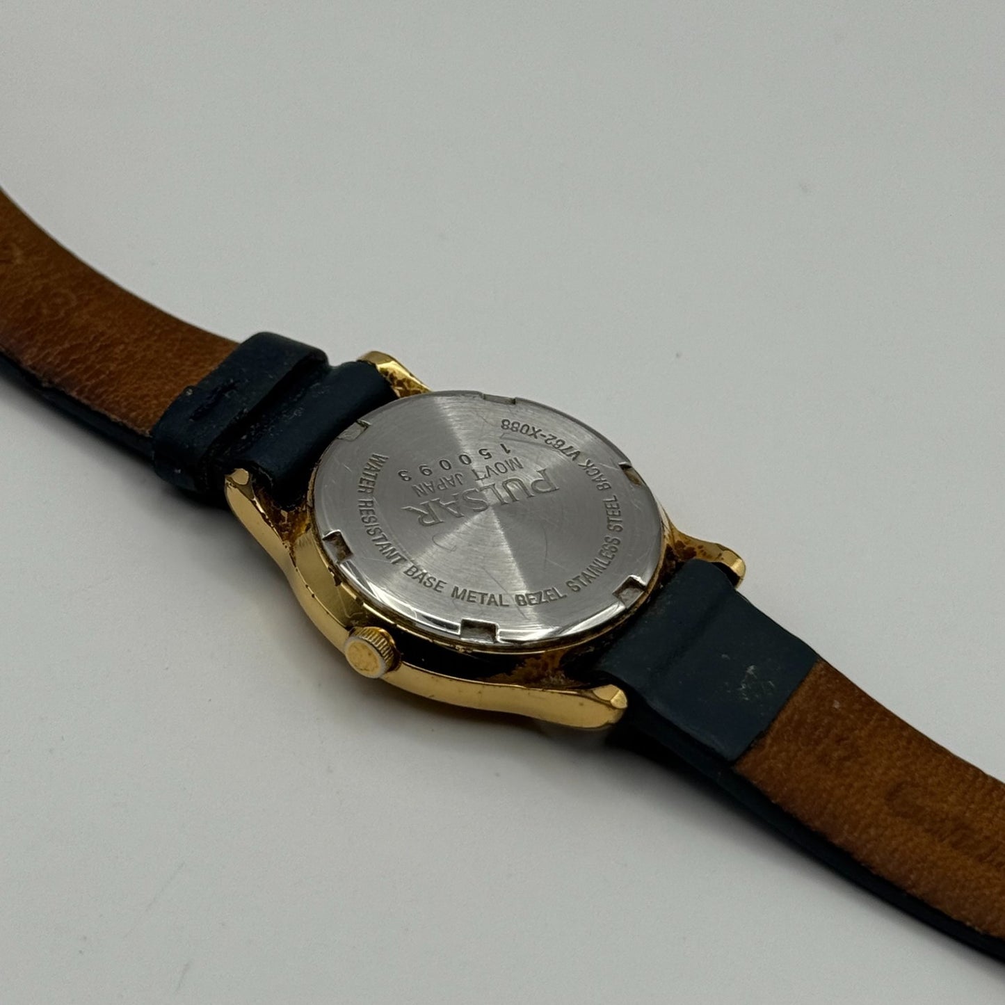 Pulsar Ladies Quartz Watch Date Dial Gold Tone Blue Leather Strap Working 24mm