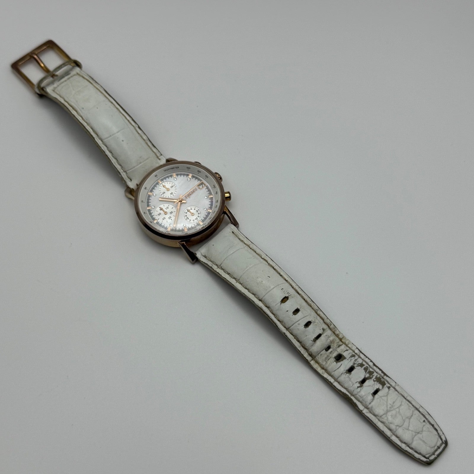 DKNY Chronograph Watch Mother Of Pearl Quartz Leather NY-4578 Date Dial 36mm