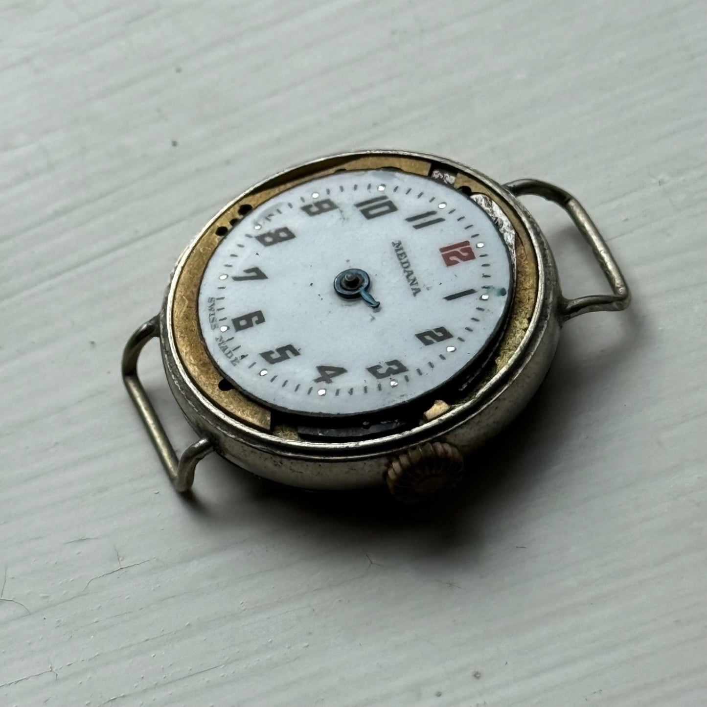 26mm Vintage Medana Trench Style Partial Swiss Manual Wind Watch PARTS / REPAIR