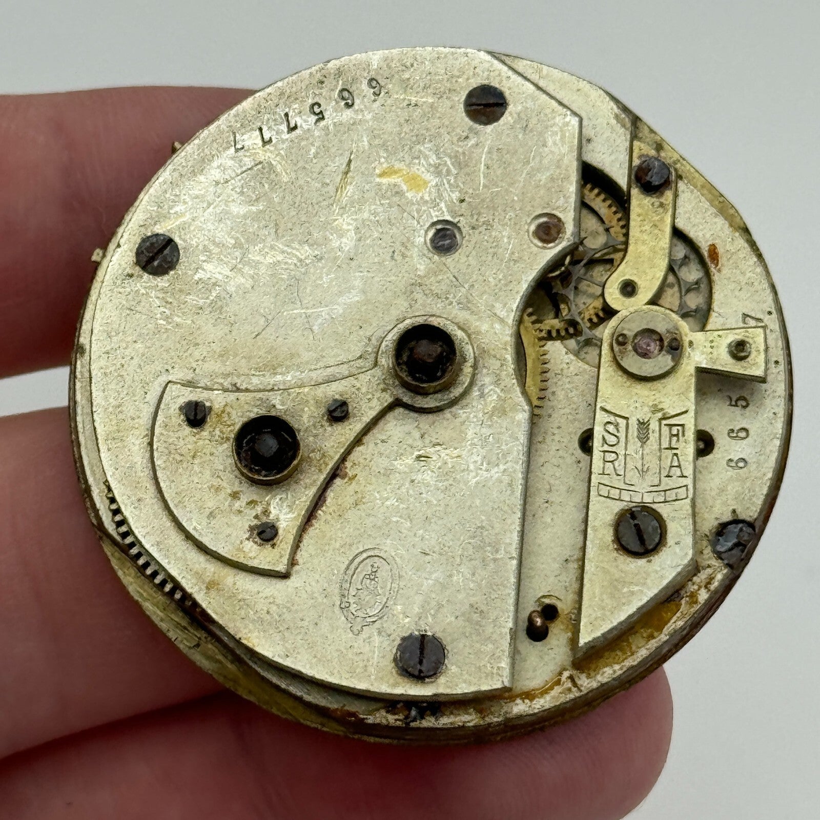45mm Antique Unidentified Key Wound Partial Pocket Watch Movement PARTS REPAIR