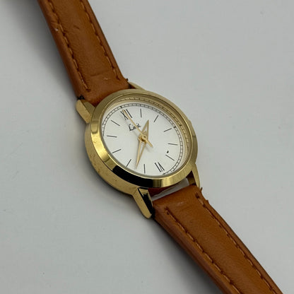 Limit Ladies Quartz Watch White Dial Gold Tone Case Brown Strap Working 25mm