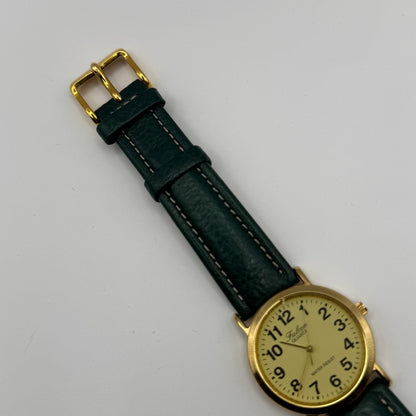 Falcon Ladies Quartz Watch Gold Tone Case Green Leather Strap Working 30mm