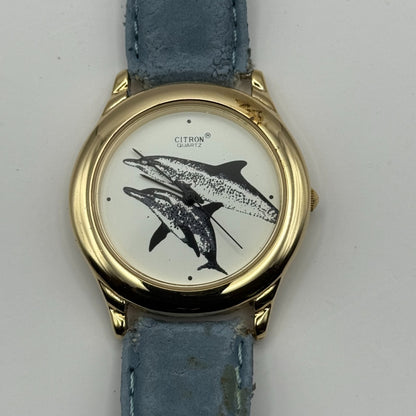 Citron Ladies Quartz Watch Dolphin Dial Gold Tone Blue Strap Working 35mm