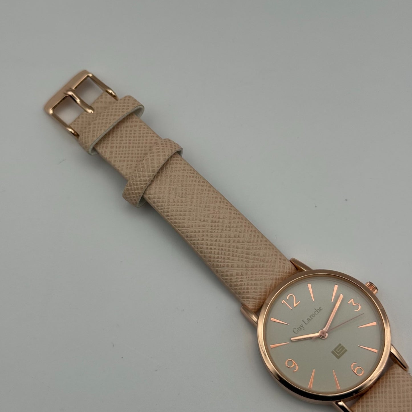 Guy Laroche Ladies Quartz Watch Rose Gold Tone Beige Strap Working 31mm
