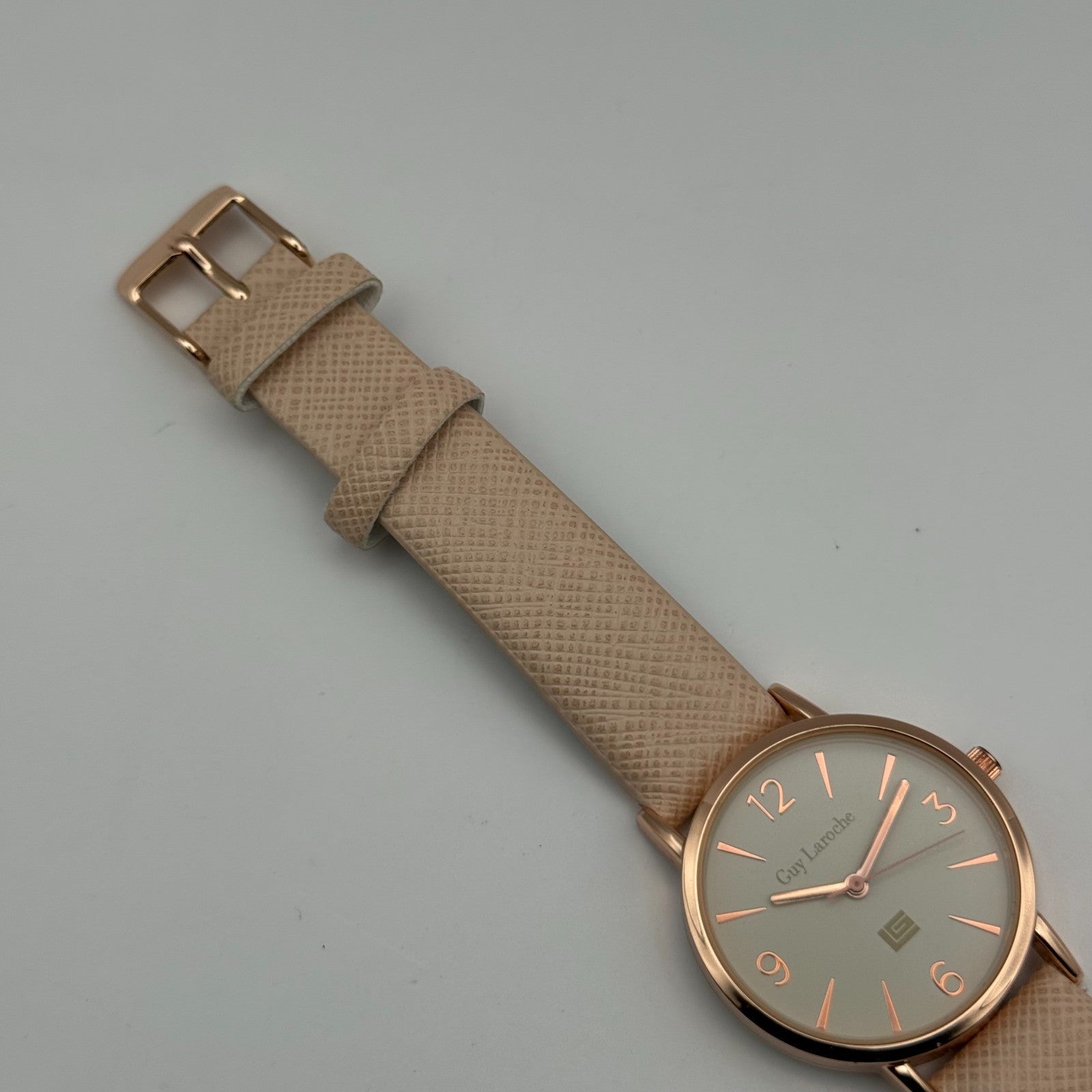 Guy Laroche Ladies Quartz Watch Rose Gold Tone Beige Strap Working 31mm