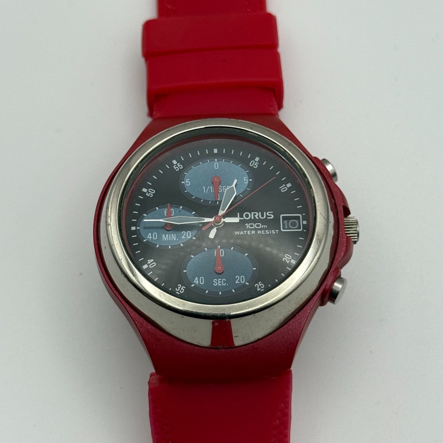 Lorus Men's Plastic Chronograph Quartz Watch v657-0020 Red 39mm Runs To Repair