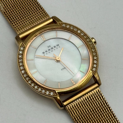 28mm Working Skagen Denmark 804SRR Steel Rose Gold Tone MOP Quartz Watch 8 Inch