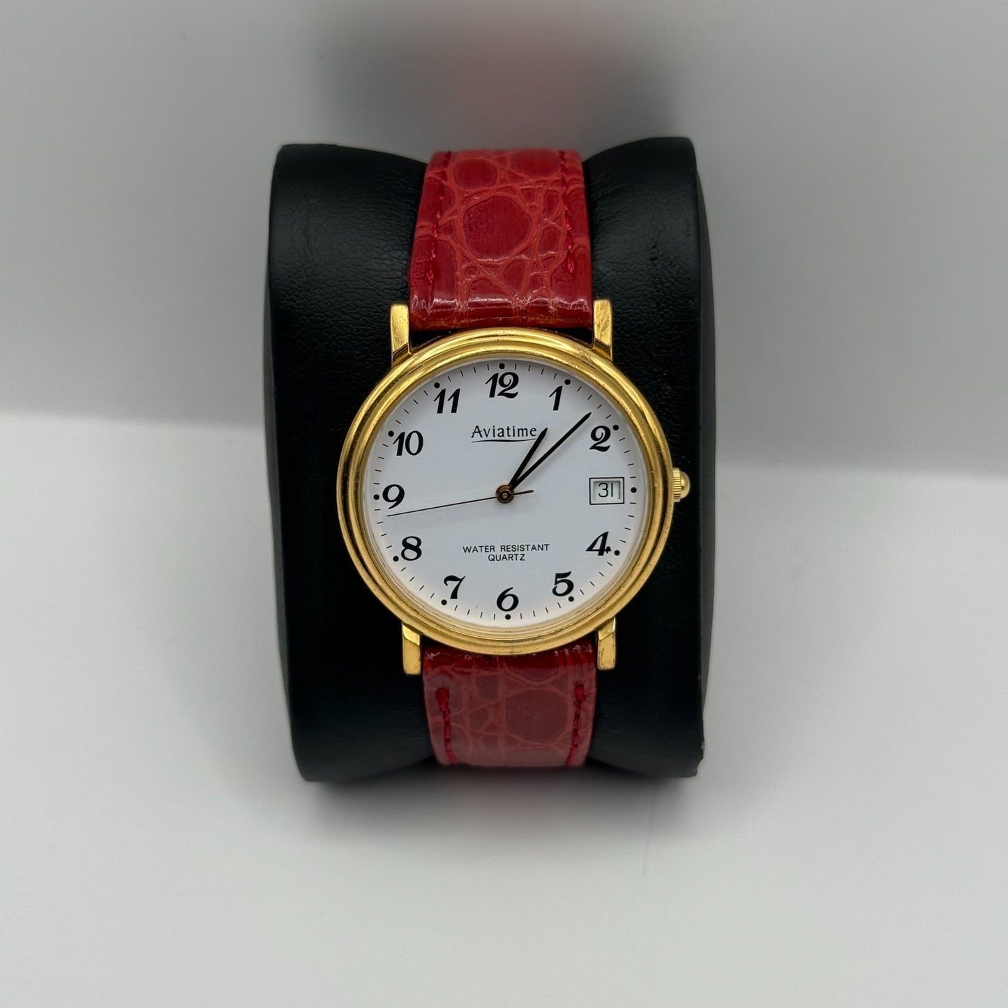 Aviatime Ladies Quartz Watch White Date Dial Red Leather Strap Working 33mm