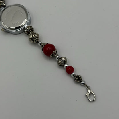 YLQ Ladies Quartz Watch Crystal Accent Case Red Beaded Bracelet Working 25mm