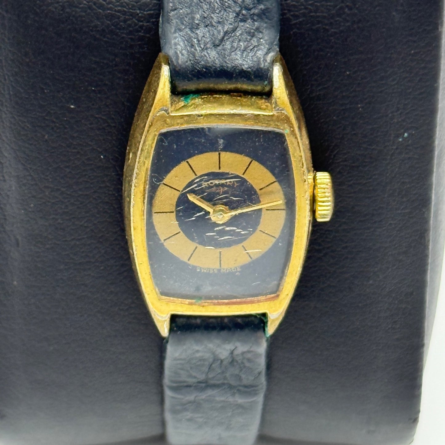 17mm Vintage Rotary Blue Bullseye Dial Swiss Manual Wind Watch PARTS / REPAIR