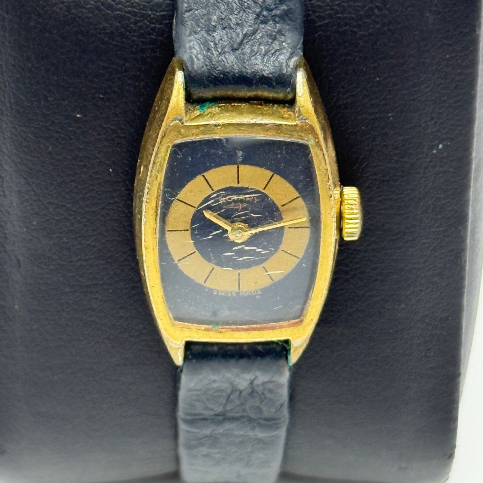 17mm Vintage Rotary Blue Bullseye Dial Swiss Manual Wind Watch PARTS / REPAIR