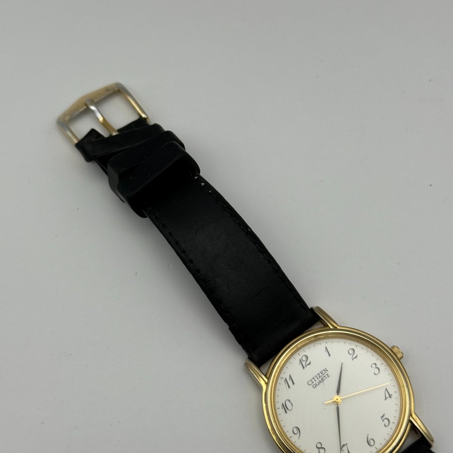 Citizen Ladies Quartz Watch Gold Tone White Dial Black Strap Japan Working 33mm