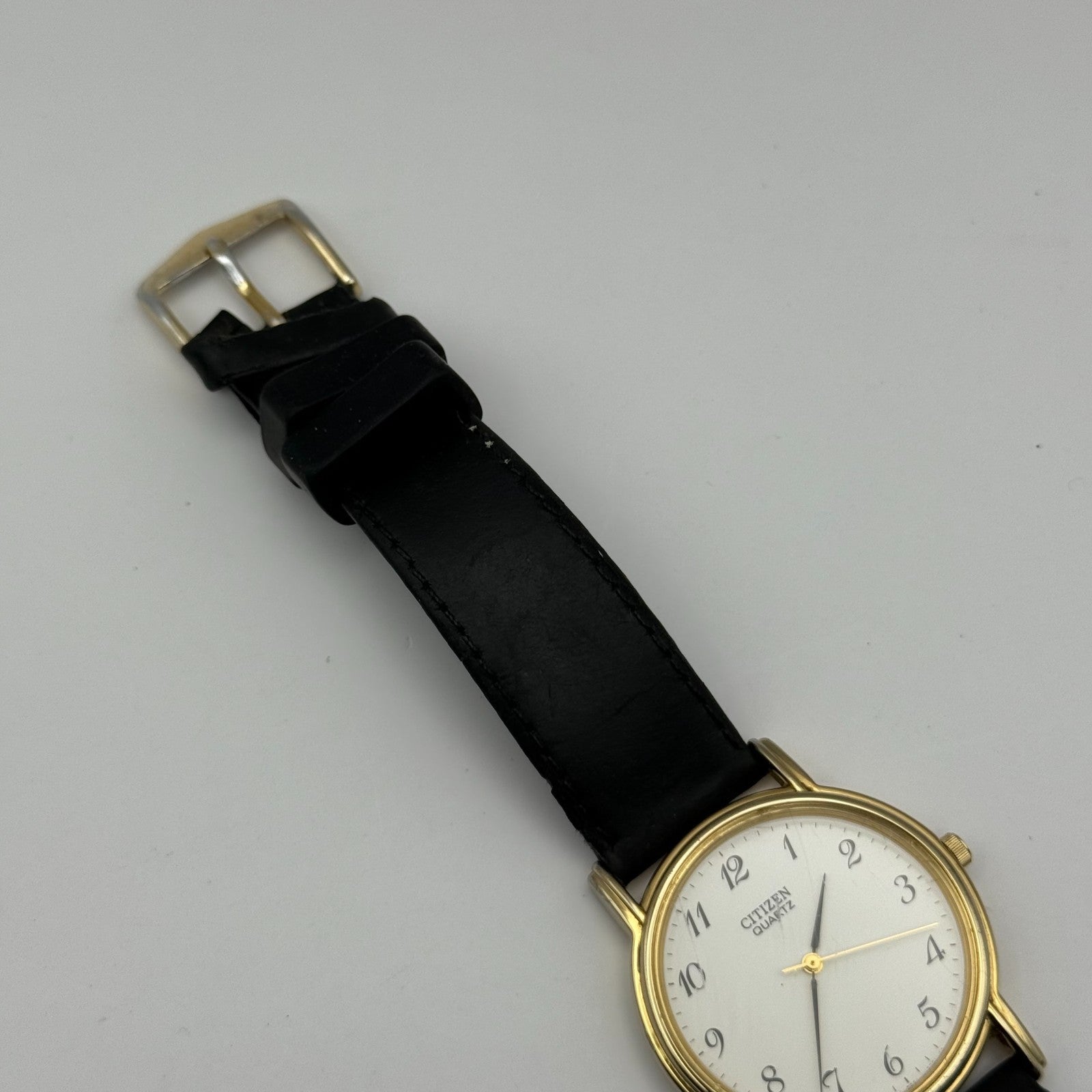 Citizen Ladies Quartz Watch Gold Tone White Dial Black Strap Japan Working 33mm