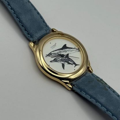 Citron Ladies Quartz Watch Dolphin Dial Gold Tone Blue Strap Working 35mm