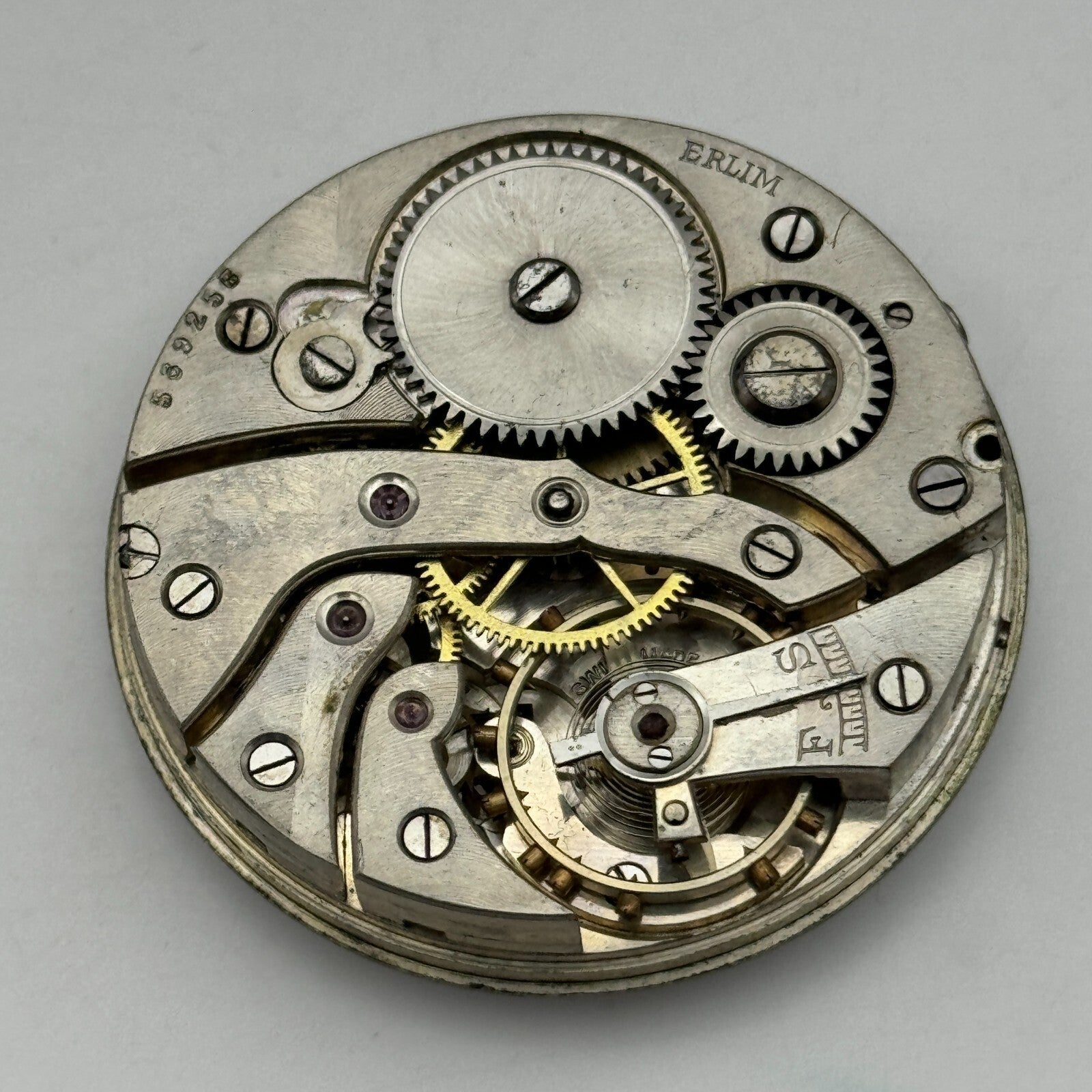 42.9mm Vintage Open Face Erlim Swiss Balance Ok Pocket Watch Movement PARTS