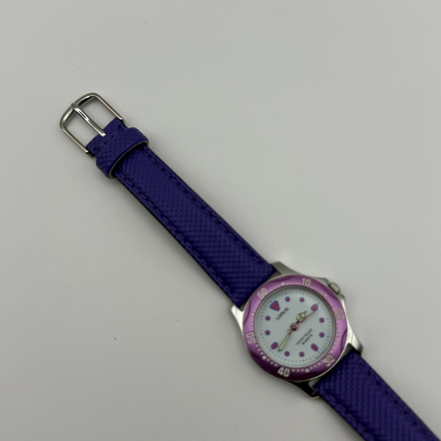 Lorus Quartz Watch White Dial Purple Strap Bezel Japan Working 26mm New Battery