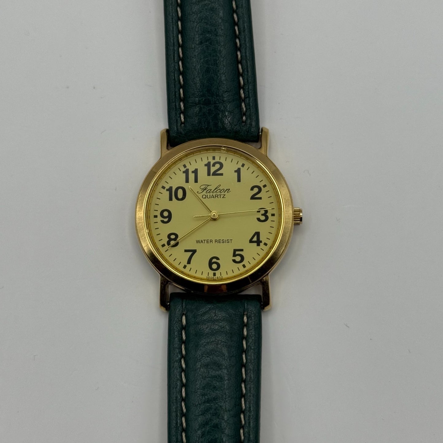 Falcon Ladies Quartz Watch Gold Tone Case Green Leather Strap Working 30mm