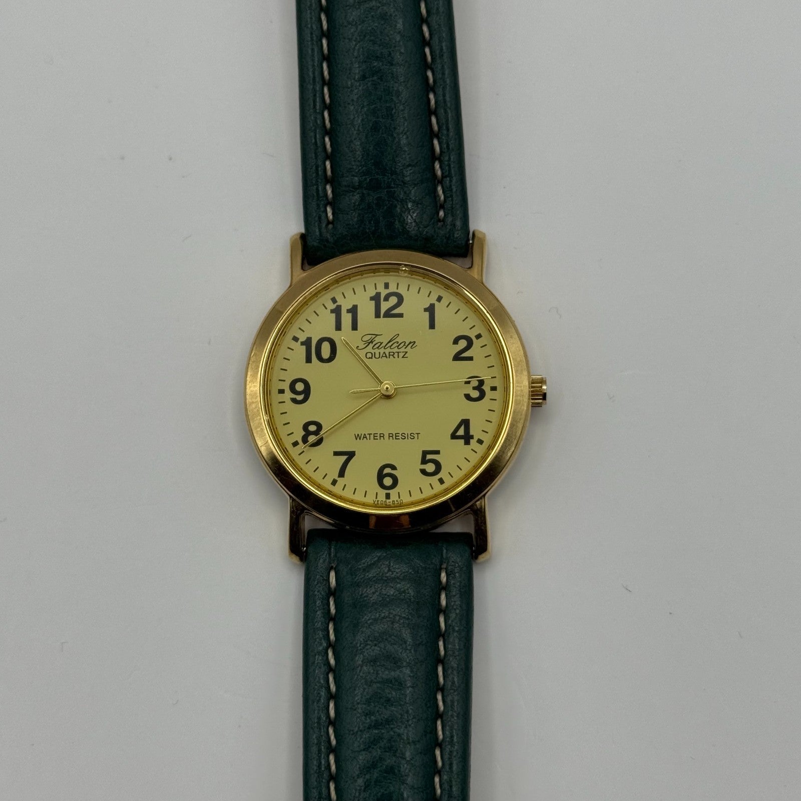 Falcon Ladies Quartz Watch Gold Tone Case Green Leather Strap Working 30mm