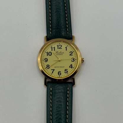 Falcon Ladies Quartz Watch Gold Tone Case Green Leather Strap Working 30mm