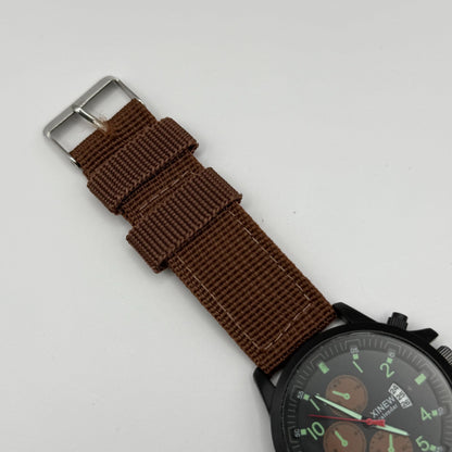 Xinew Men’s Quartz Chronograph Watch Calendar Dial Brown Strap Working 43mm