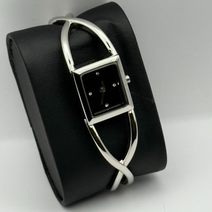 Avon Ladies Quartz Watch Black Square Dial Silver Tone Bracelet Working 19mm