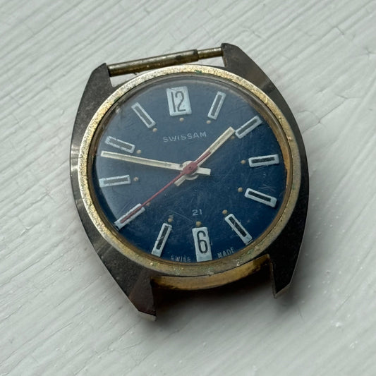 34mm Vintage Men's Swissam Desa 320 Blue Dial Manual Wind Watch PARTS / REPAIR