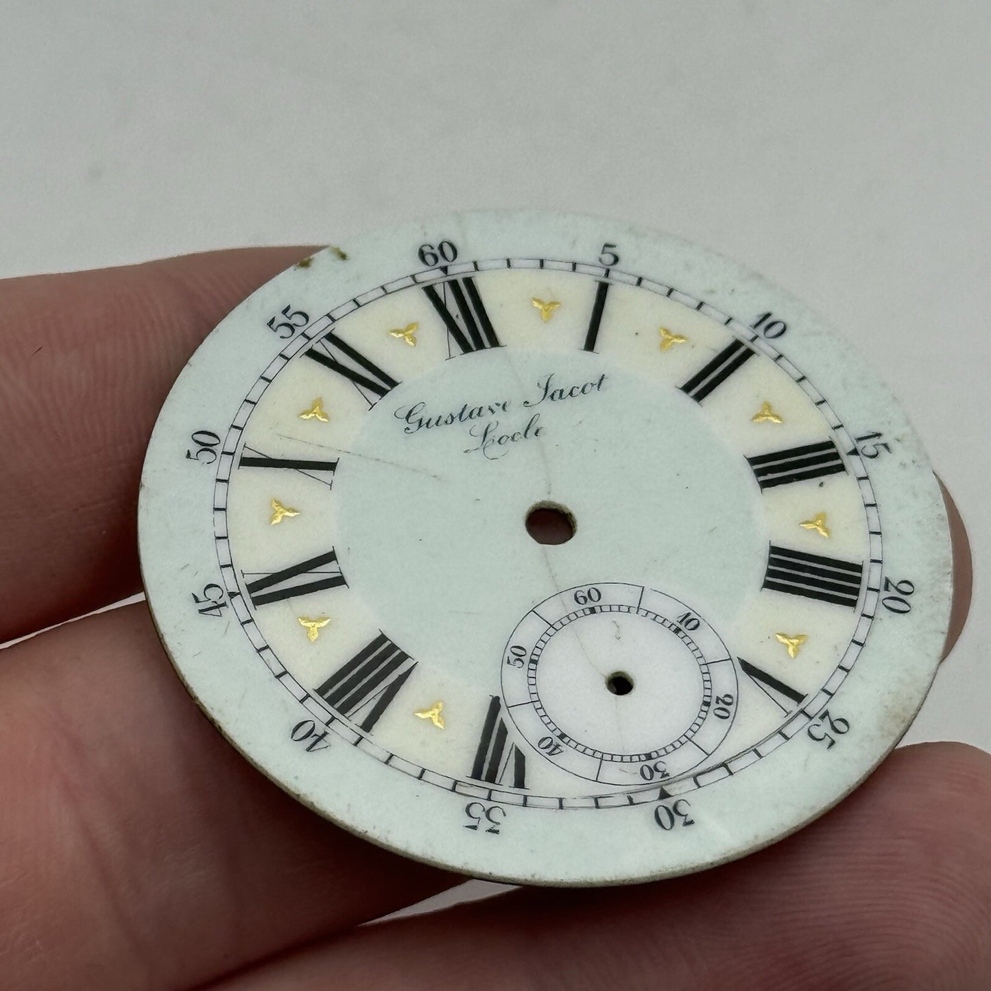 44.2mm Antique Gustave Jacot Locle Beautiful Porcelain Pocket Watch Dial Spares
