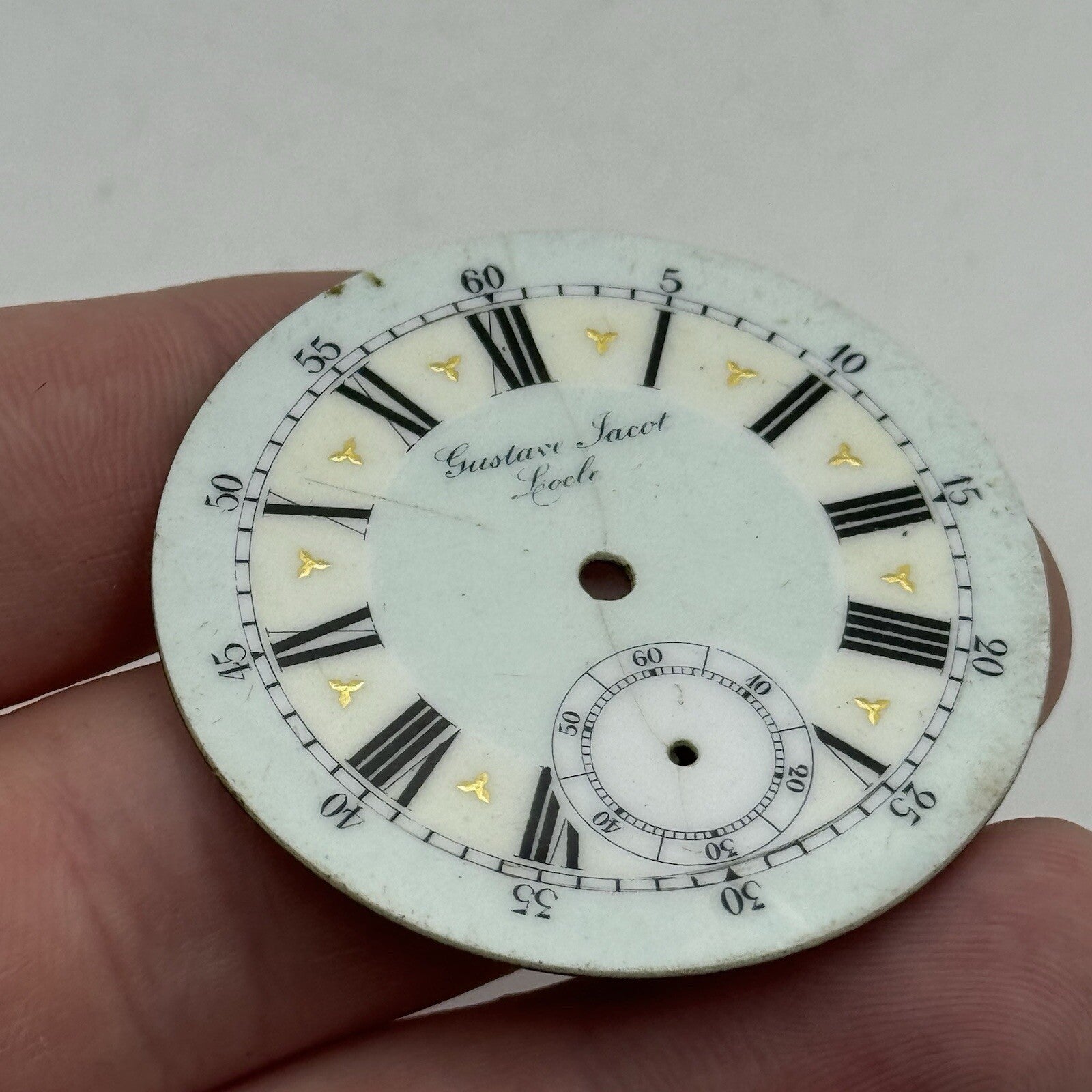 44.2mm Antique Gustave Jacot Locle Beautiful Porcelain Pocket Watch Dial Spares