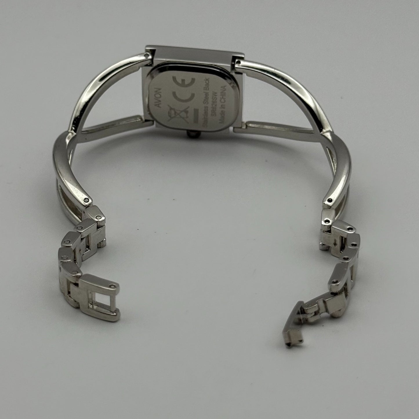 Avon Ladies Quartz Watch Black Square Dial Silver Tone Bracelet Working 19mm