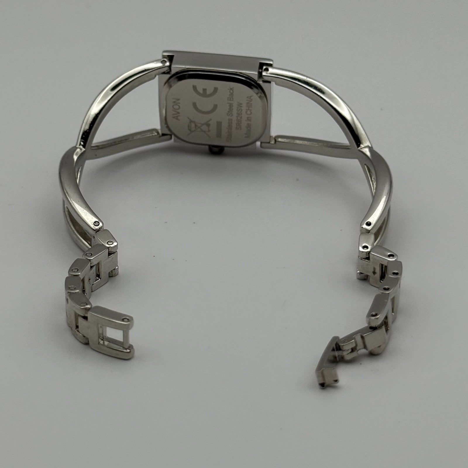 Avon Ladies Quartz Watch Black Square Dial Silver Tone Bracelet Working 19mm