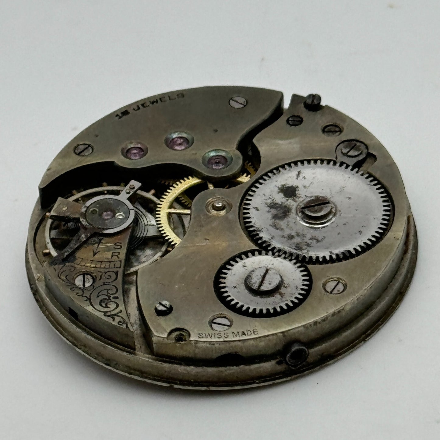 42.9mm Unidentified Swiss 15 Jewels Vintage Pocket Watch Movement PARTS SPARES