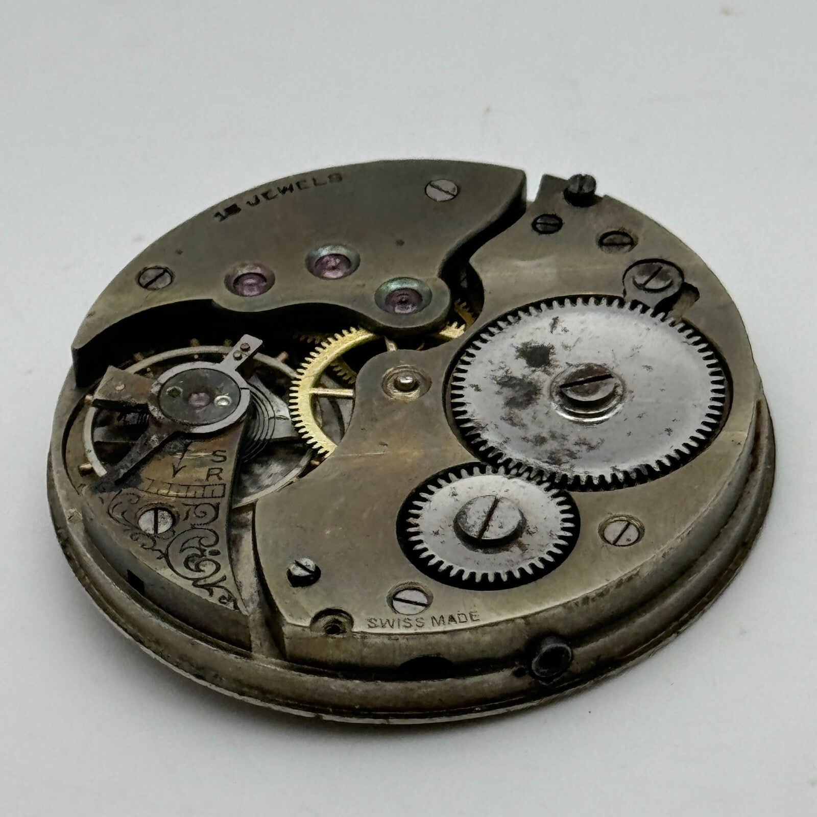 42.9mm Unidentified Swiss 15 Jewels Vintage Pocket Watch Movement PARTS SPARES