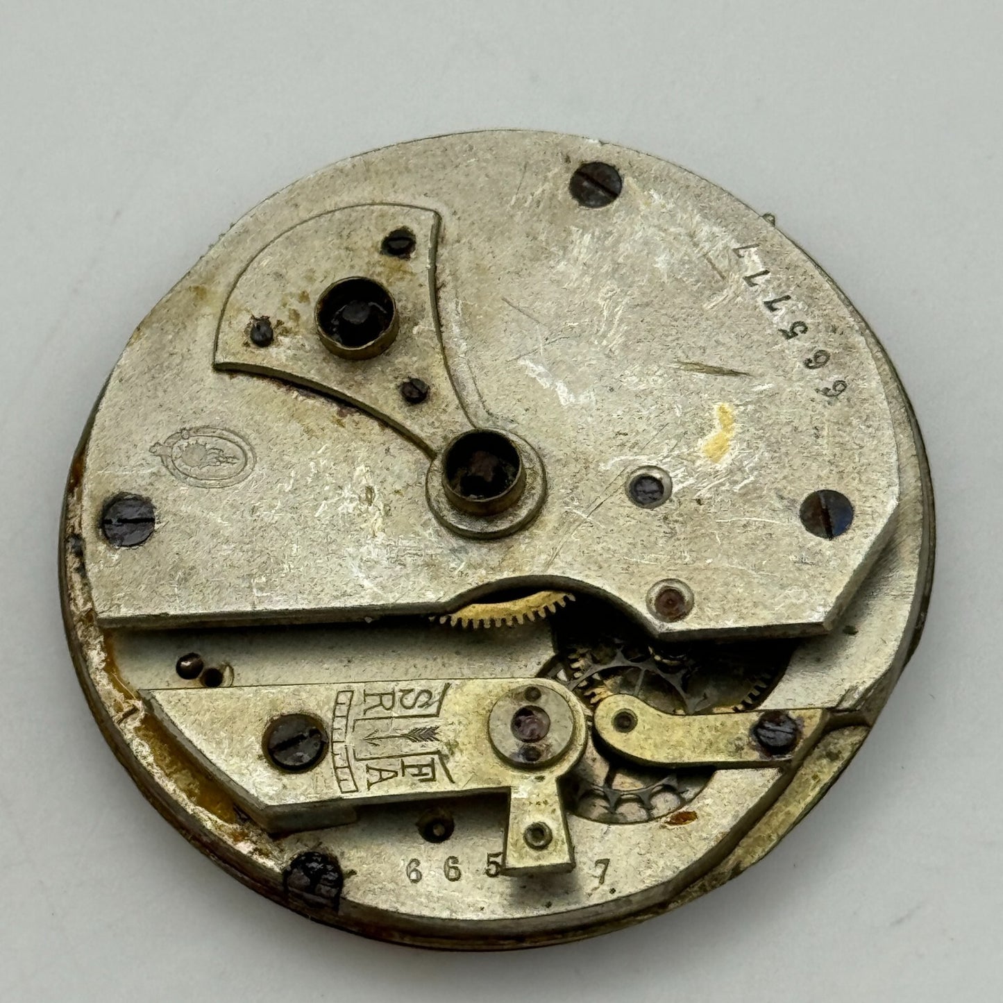 45mm Antique Unidentified Key Wound Partial Pocket Watch Movement PARTS REPAIR