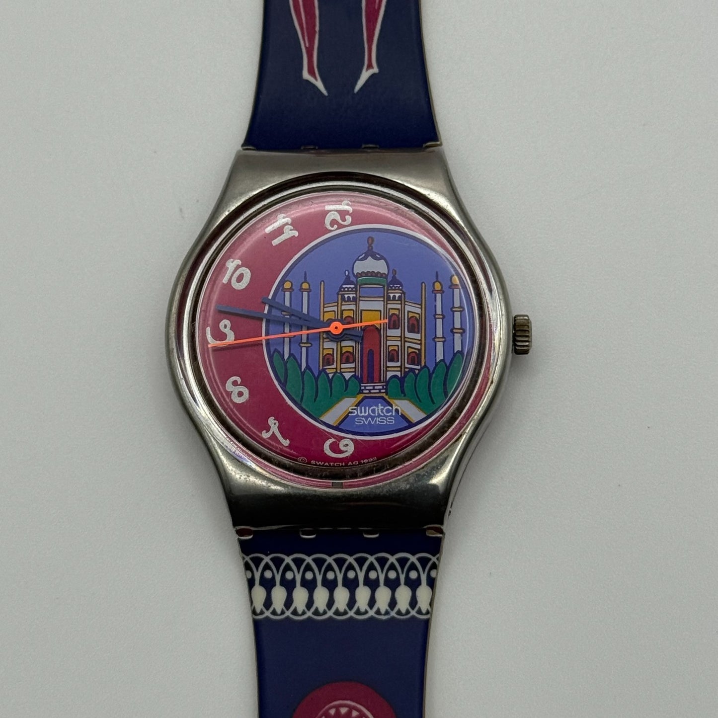 1992 Swatch Taj Mahal India Delhi Blue Strap Quartz Watch Swiss + Box 34mm