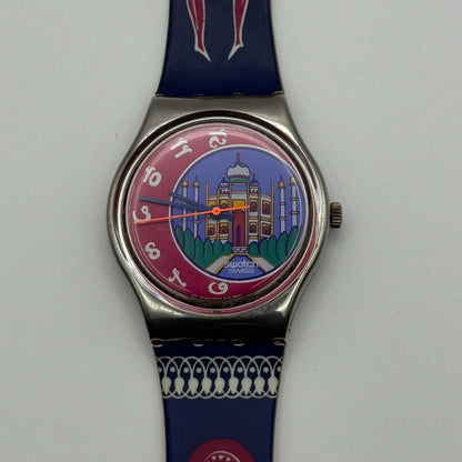 1992 Swatch Taj Mahal India Delhi Blue Strap Quartz Watch Swiss + Box 34mm