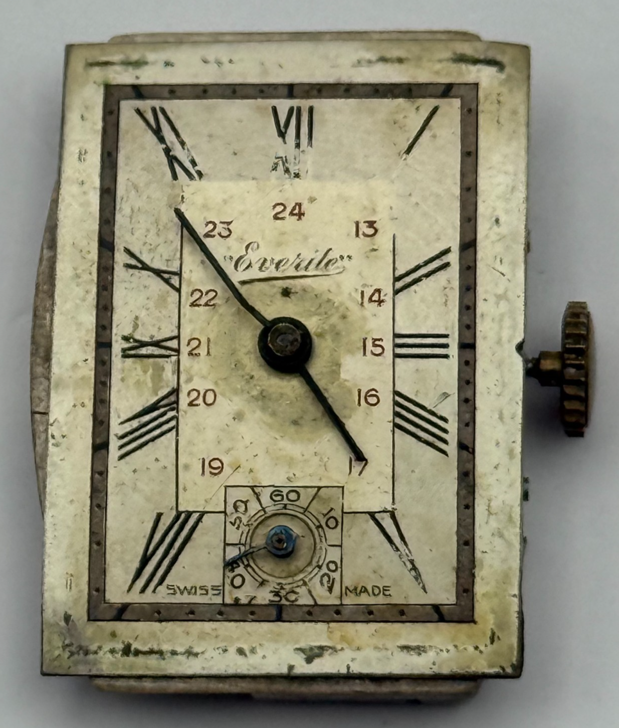 Everite 9/300 Tank Watch Movement Running 7 Jewels Manual Wind Parts 17.9mm