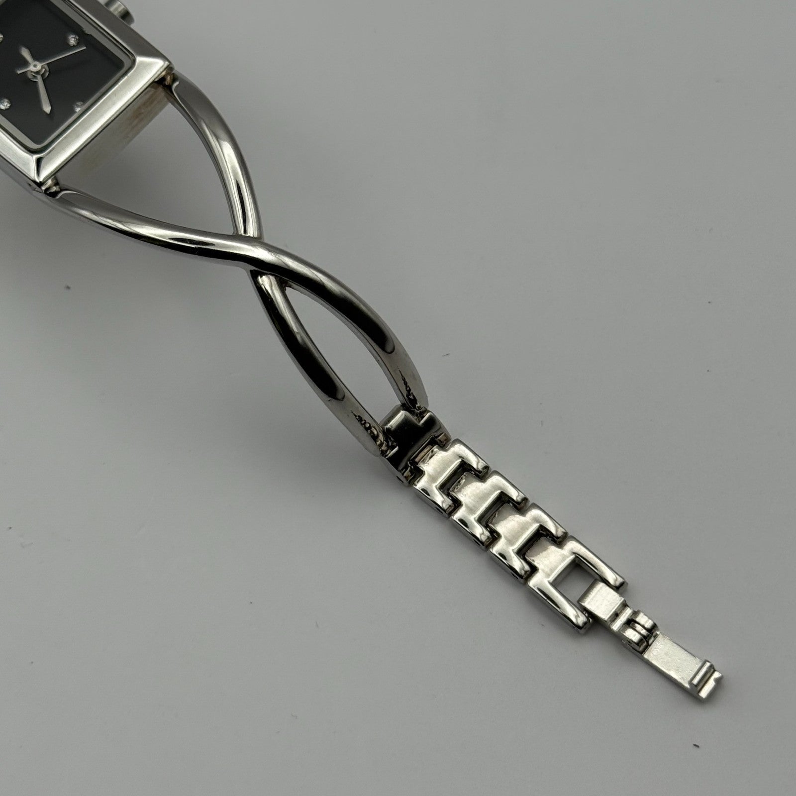 Avon Ladies Quartz Watch Black Square Dial Silver Tone Bracelet Working 19mm