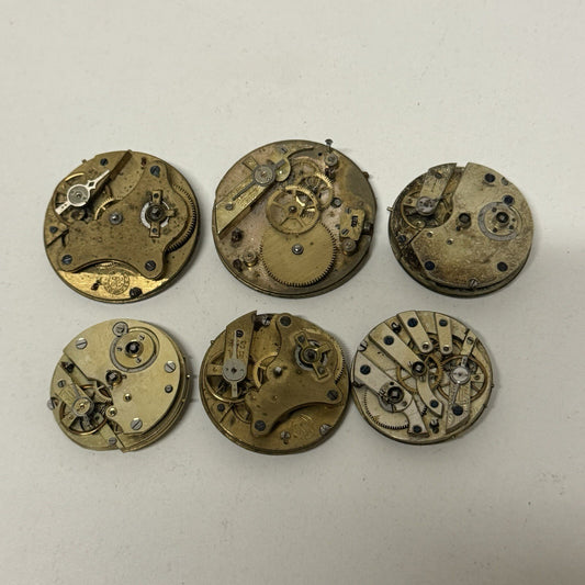 6 x Antique Manual Wind Pocket Watch Movements Parts Repair Bundle Job Lot