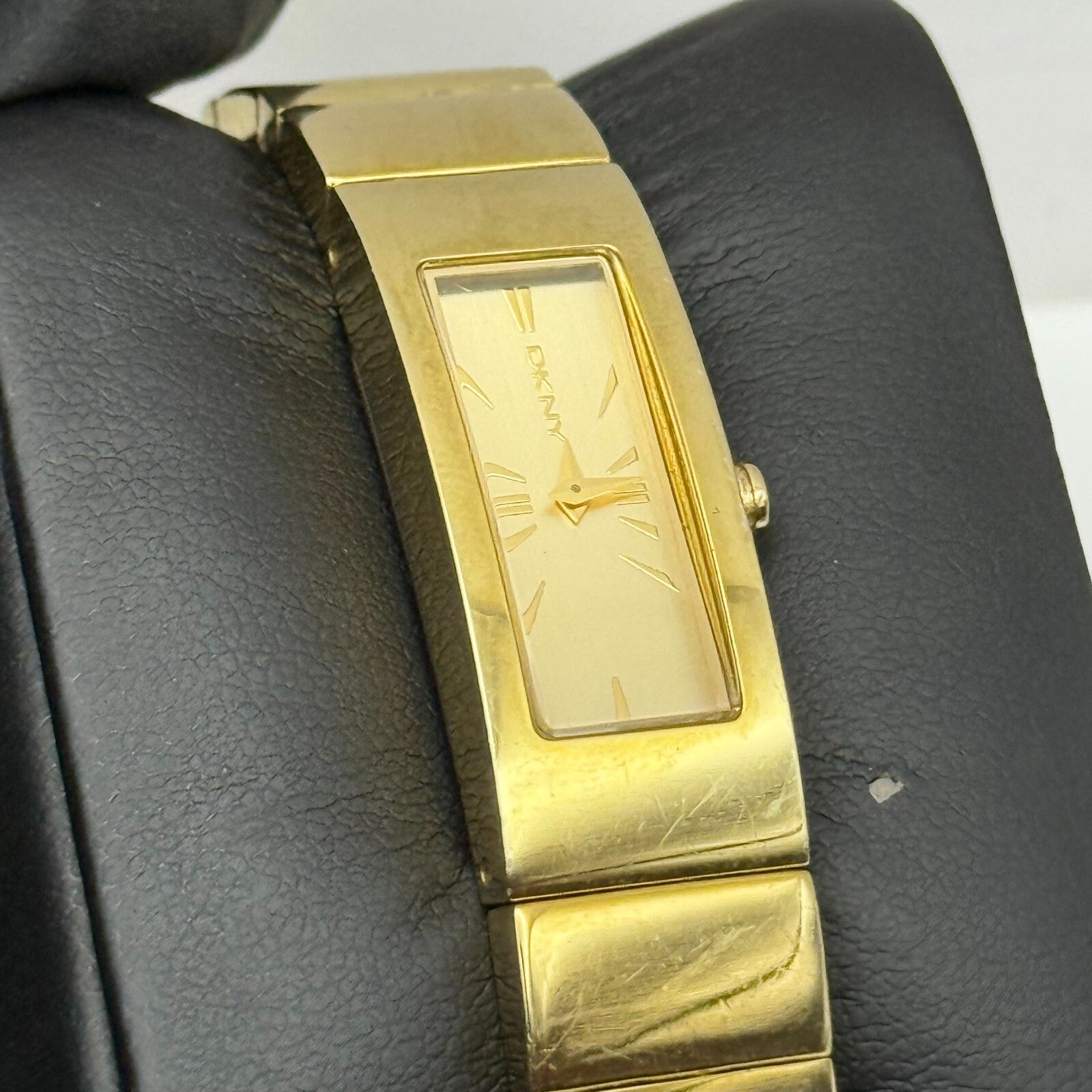 12mm Working Ladies Gold Plated DKNY NY-3814 Quartz Rectangle Watch 5.5 Inches