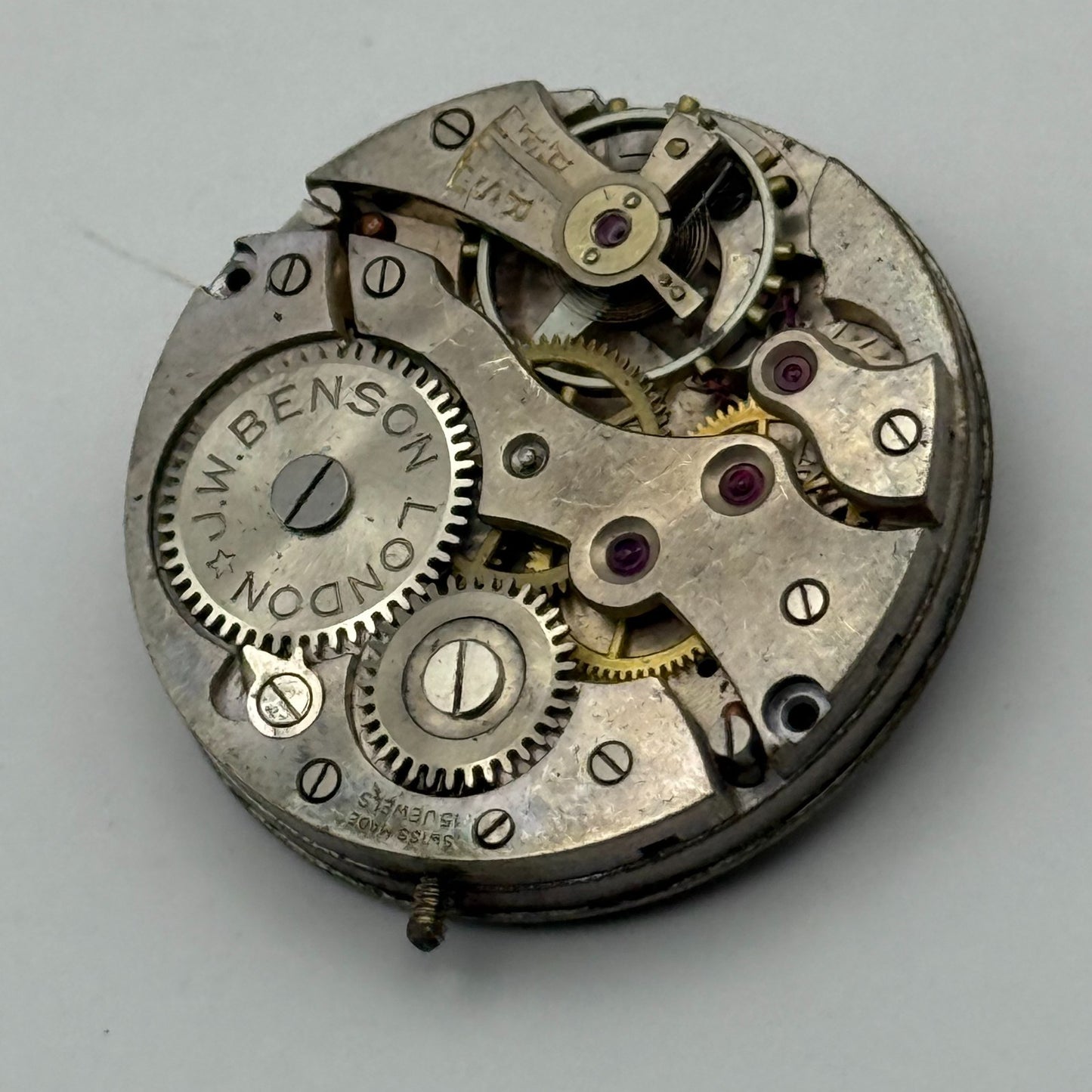 J W Benson Trench 15 Jewels Watch Movement Manual Wind Vintage Parts 27.1mm