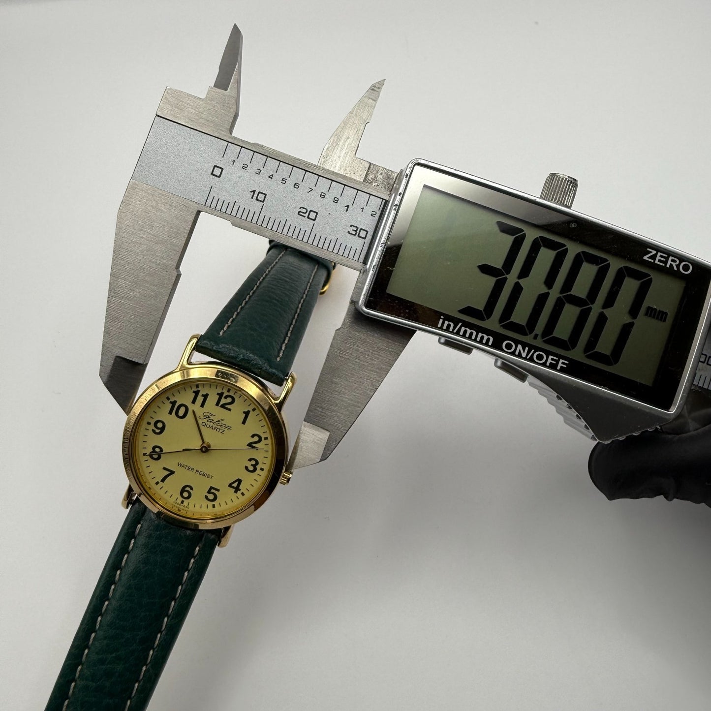 Falcon Ladies Quartz Watch Gold Tone Case Green Leather Strap Working 30mm