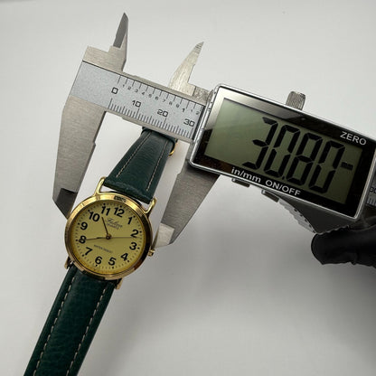 Falcon Ladies Quartz Watch Gold Tone Case Green Leather Strap Working 30mm