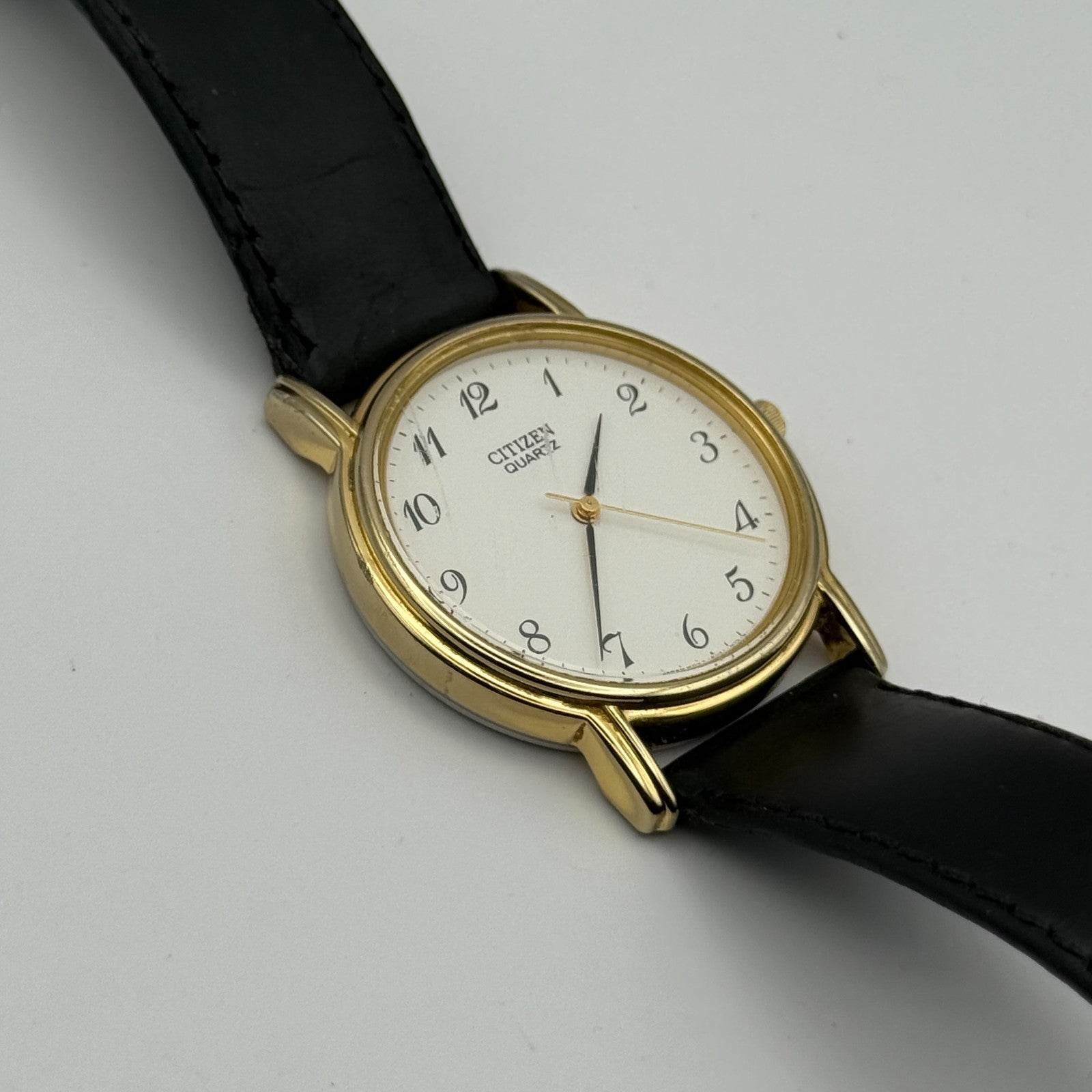 Citizen Ladies Quartz Watch Gold Tone White Dial Black Strap Japan Working 33mm