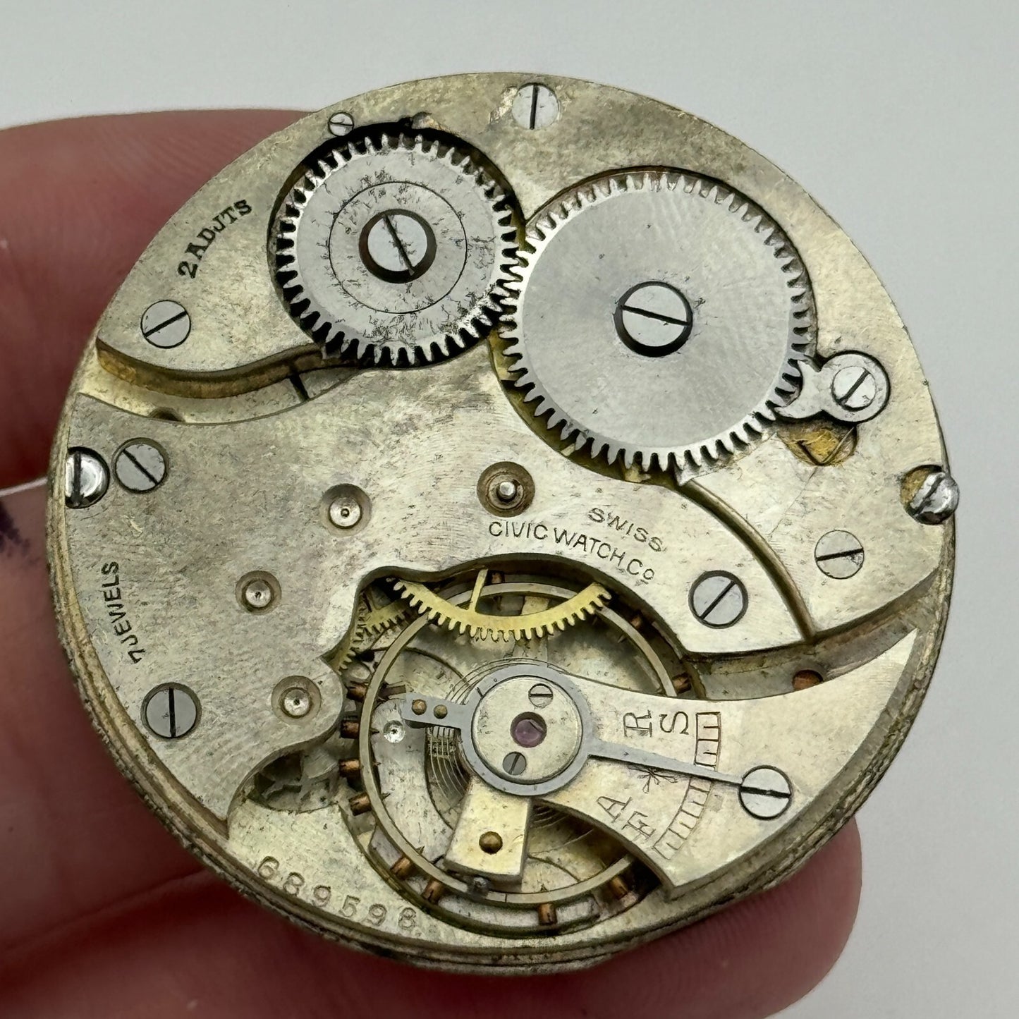 42.8mm Vintage Civic Watch Co 7 Jewels Swiss Hunter Pocket Watch Movement PARTS