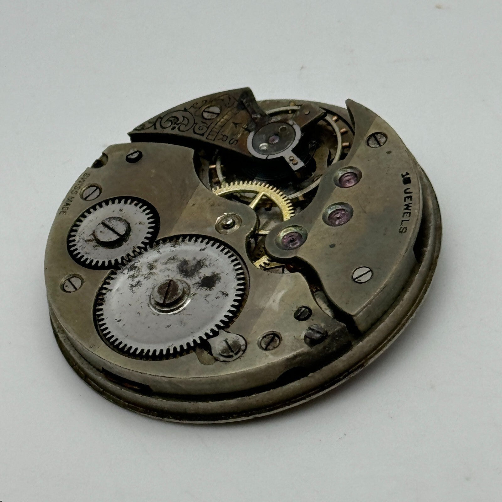 42.9mm Unidentified Swiss 15 Jewels Vintage Pocket Watch Movement PARTS SPARES