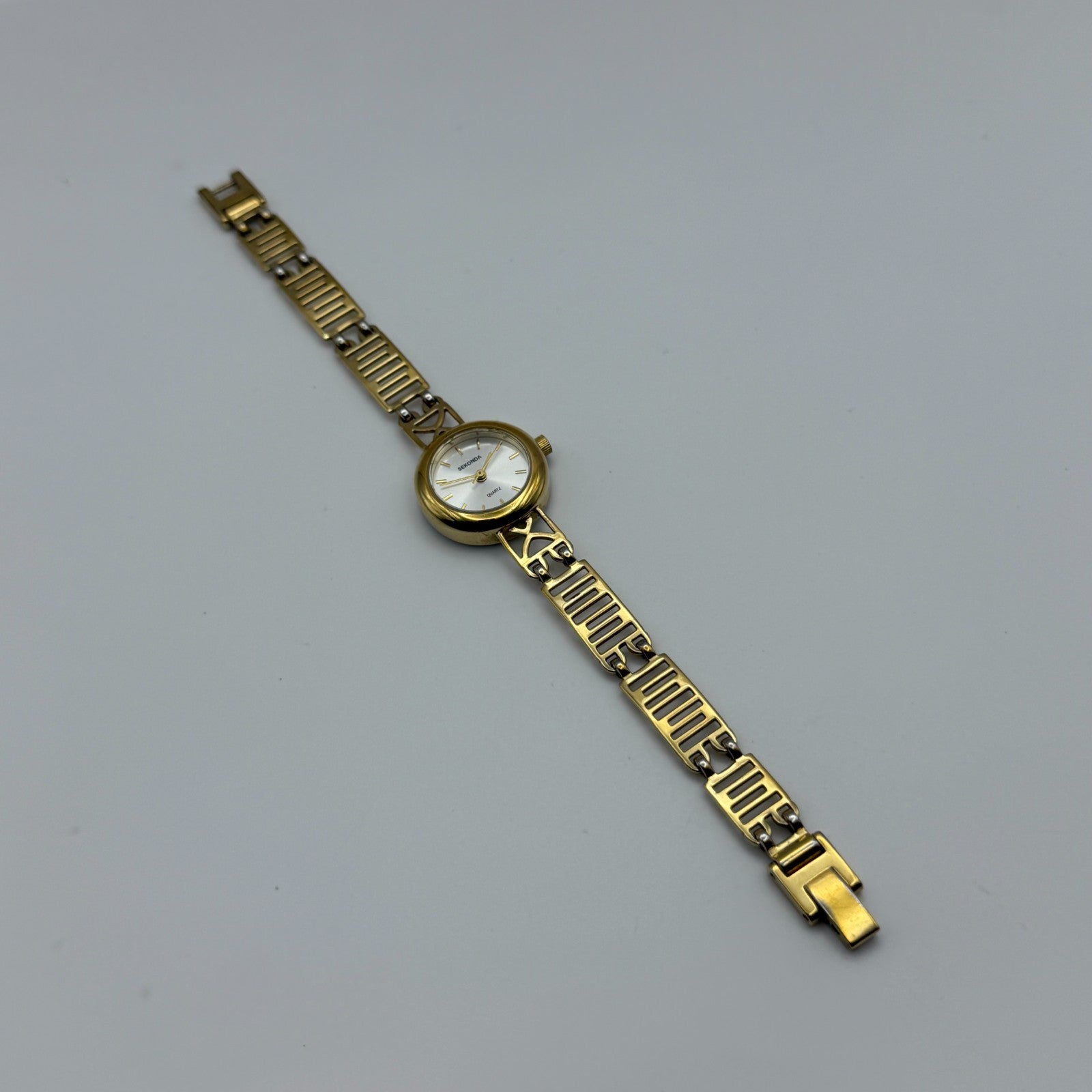 22mm Working Ladies Sekonda Gold Tone Panel Bracelet Quartz Watch 6 Inches