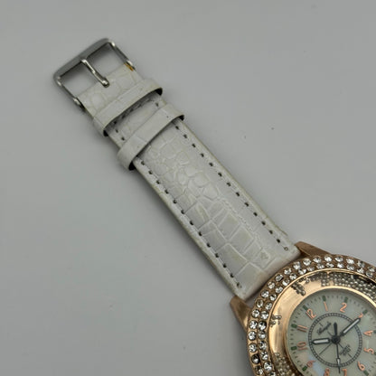 Gerryda Ladies Quartz Watch Rose Gold Crystal Accents White Strap Working 43mm