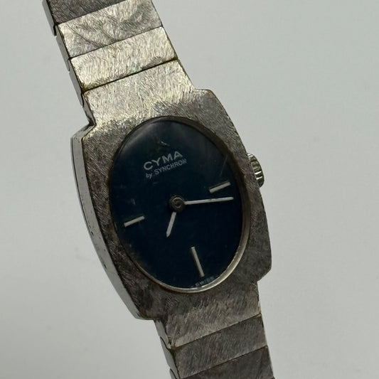 Vintage Cyma By Synchron Watch Swiss Blue Dial Stainless Steel Running Damaged